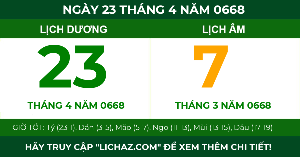 lịch âm ngày 23 tháng 4 năm 0668