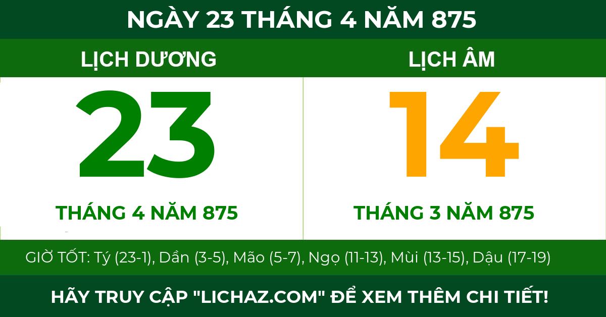 lịch âm ngày 23 tháng 4 năm 875