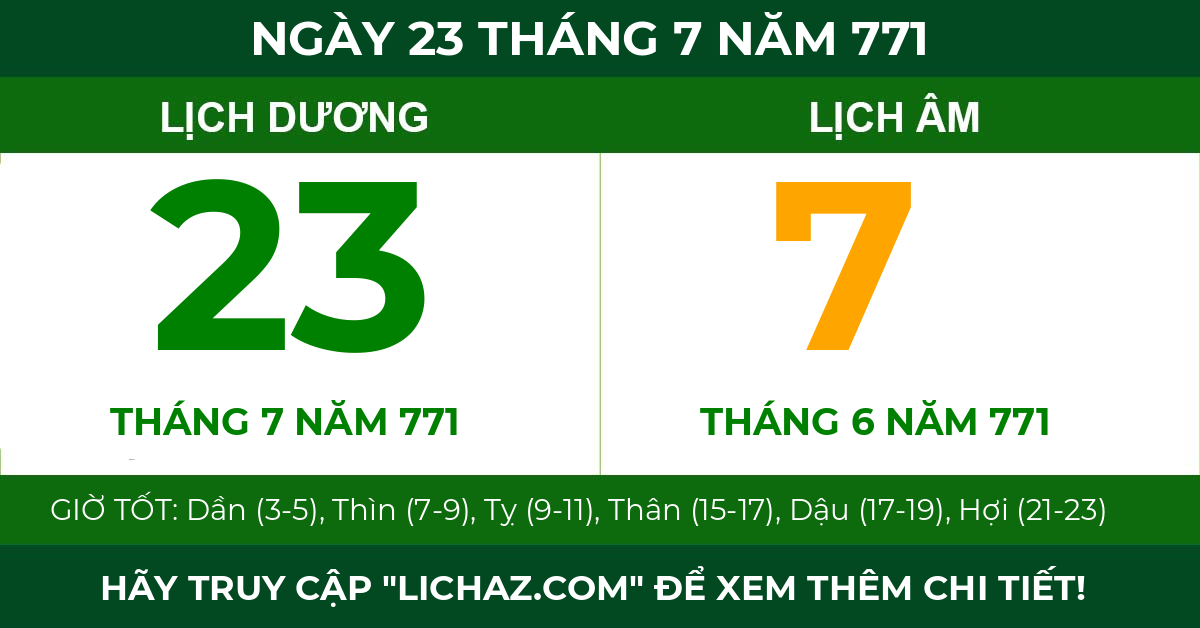 lịch âm ngày 23 tháng 7 năm 771