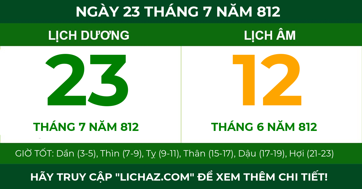 lịch âm ngày 23 tháng 7 năm 812