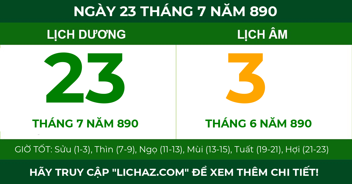 lịch âm ngày 23 tháng 7 năm 890