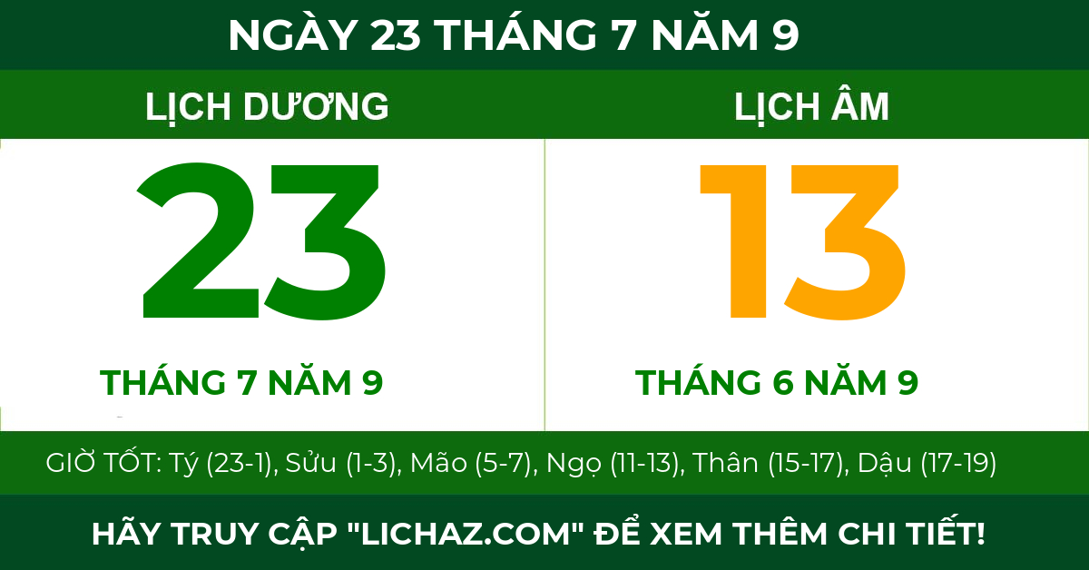 lịch âm ngày 23 tháng 7 năm 9