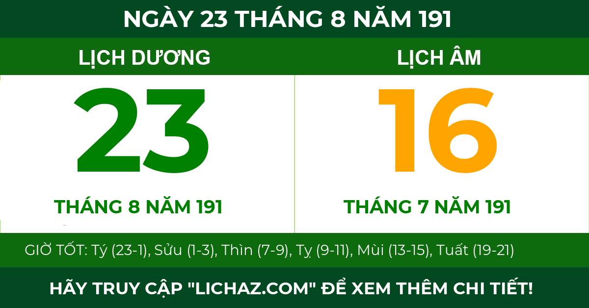 lịch âm ngày 23 tháng 8 năm 191