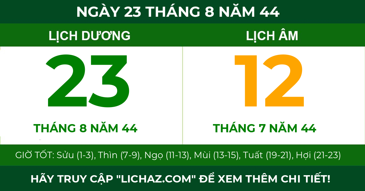 lịch âm ngày 23 tháng 8 năm 44
