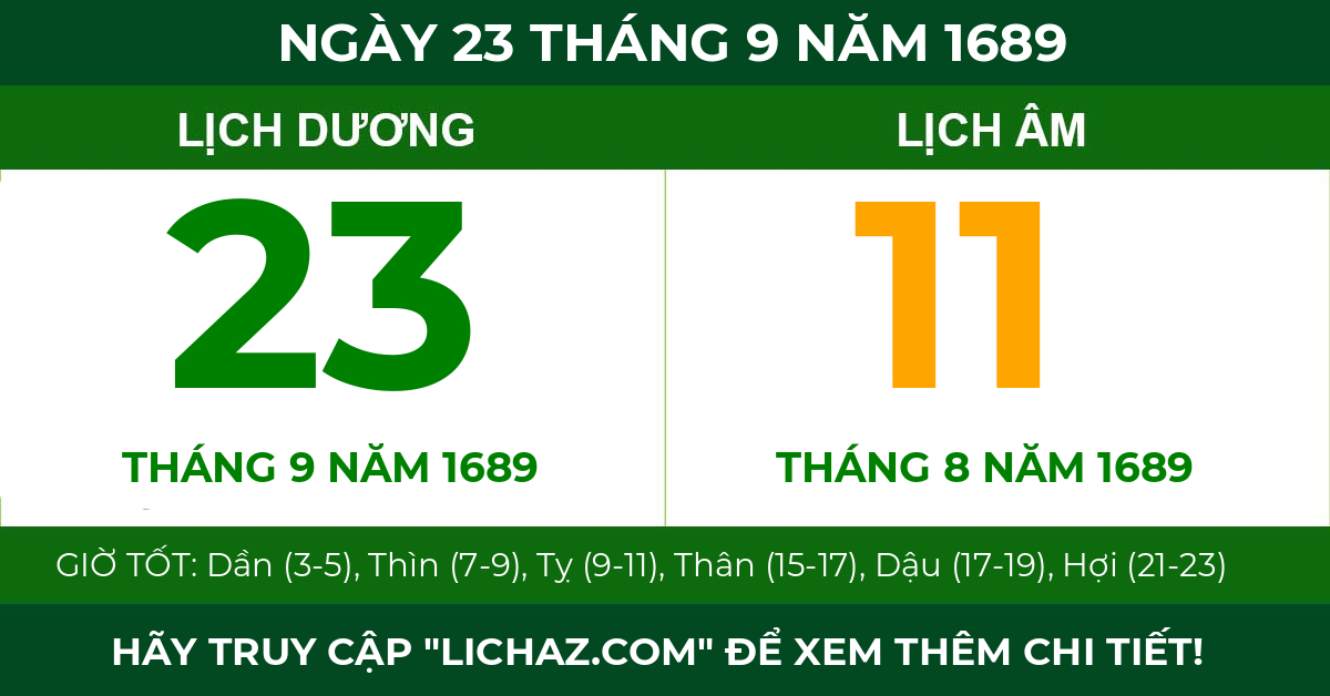 lịch âm ngày 23 tháng 9 năm 1689
