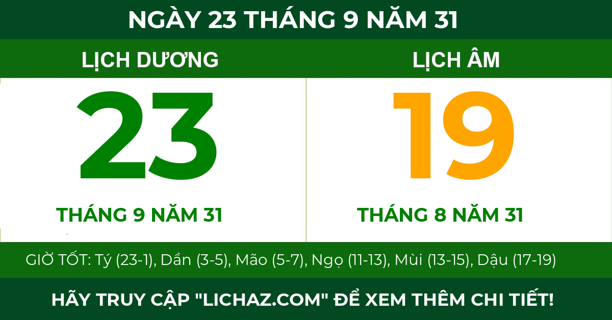 lịch âm ngày 23 tháng 9 năm 31
