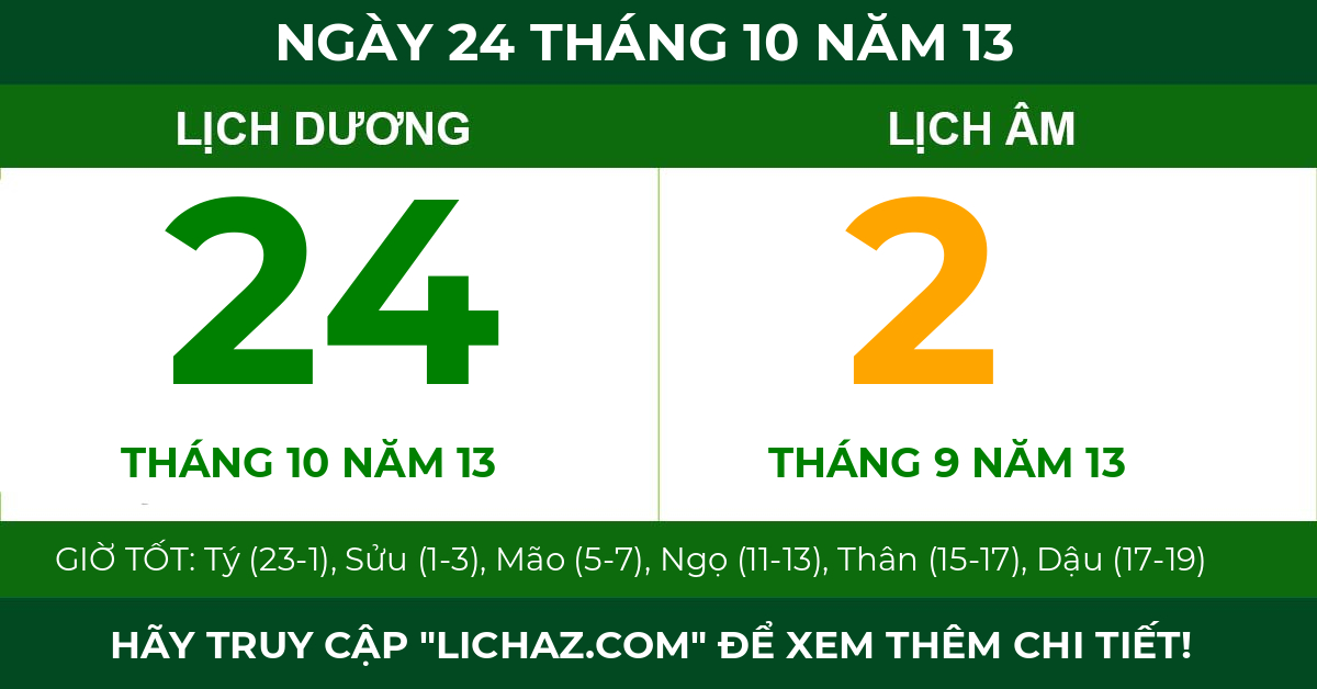 lịch âm ngày 24 tháng 10 năm 13