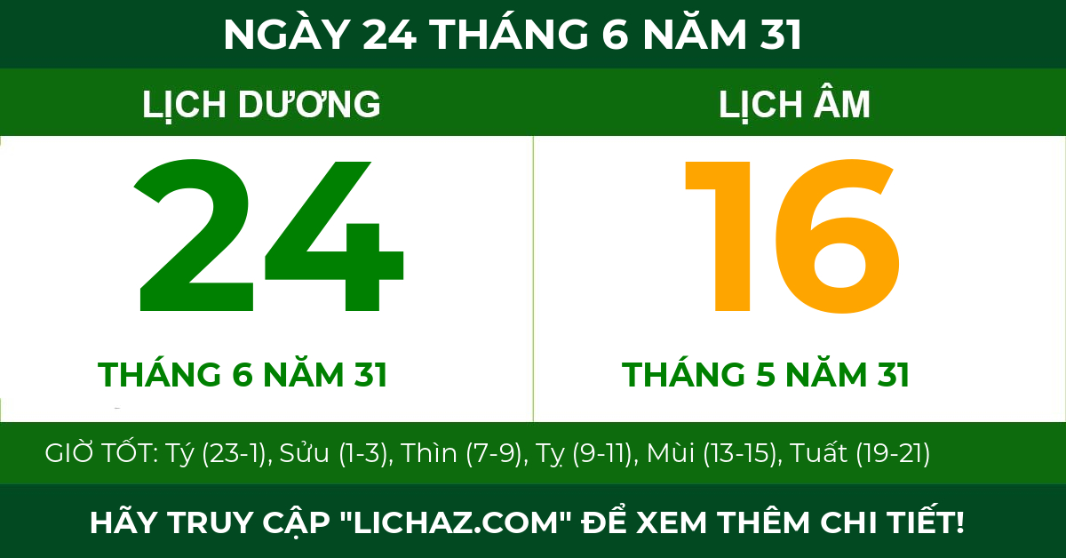 lịch âm ngày 24 tháng 6 năm 31