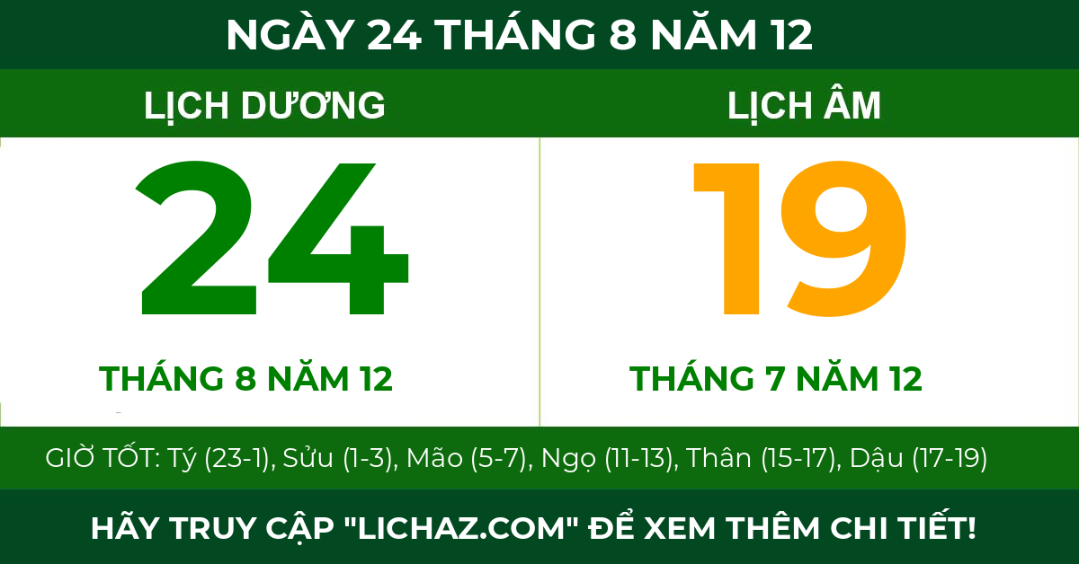 lịch âm ngày 24 tháng 8 năm 12