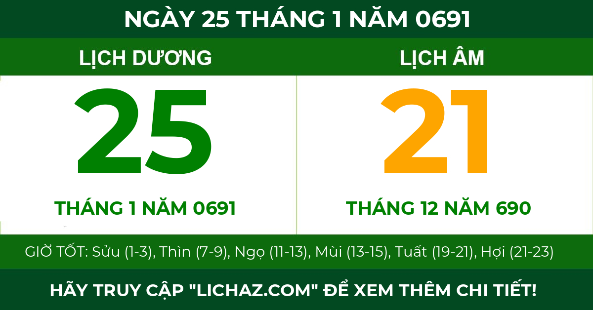lịch âm ngày 25 tháng 1 năm 0691