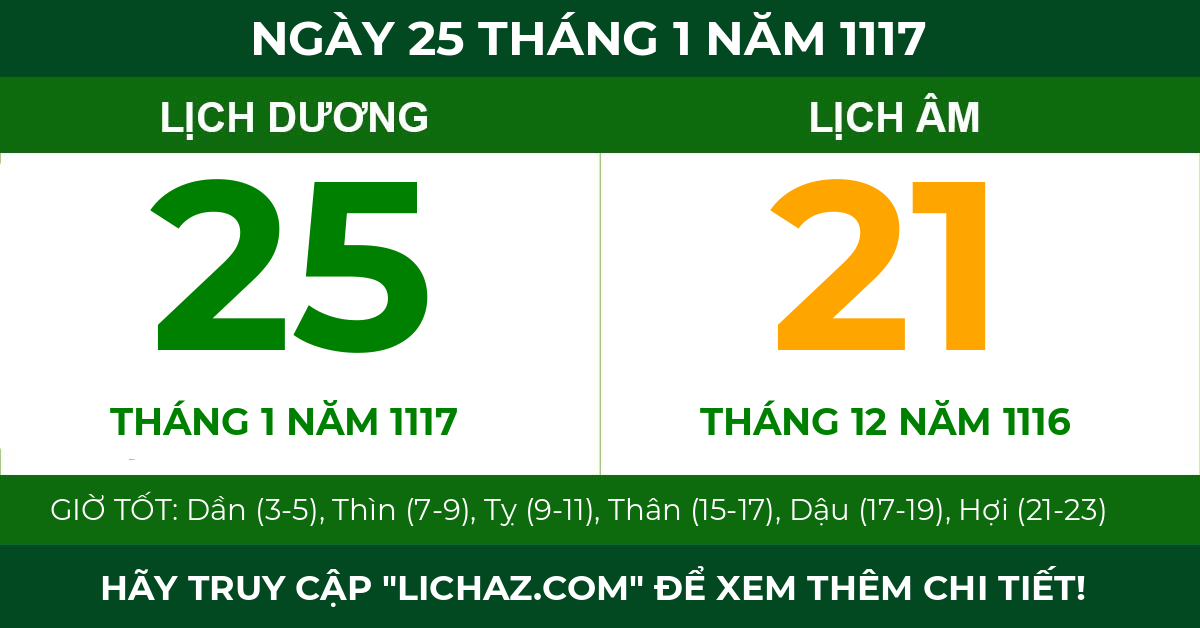 lịch âm ngày 25 tháng 1 năm 1117