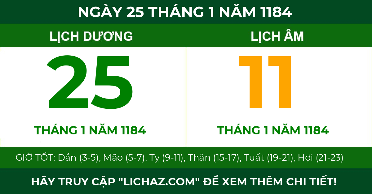 lịch âm ngày 25 tháng 1 năm 1184