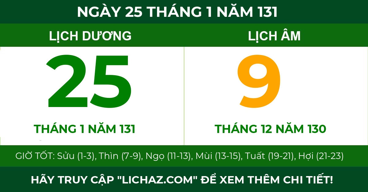 lịch âm ngày 25 tháng 1 năm 131