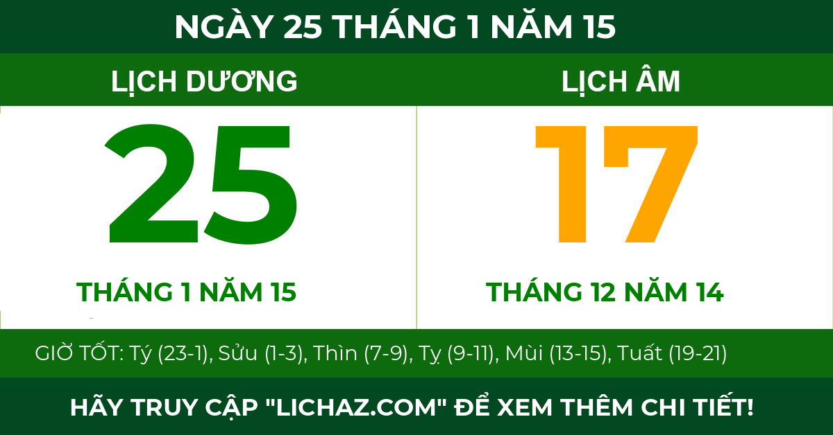 lịch âm ngày 25 tháng 1 năm 15