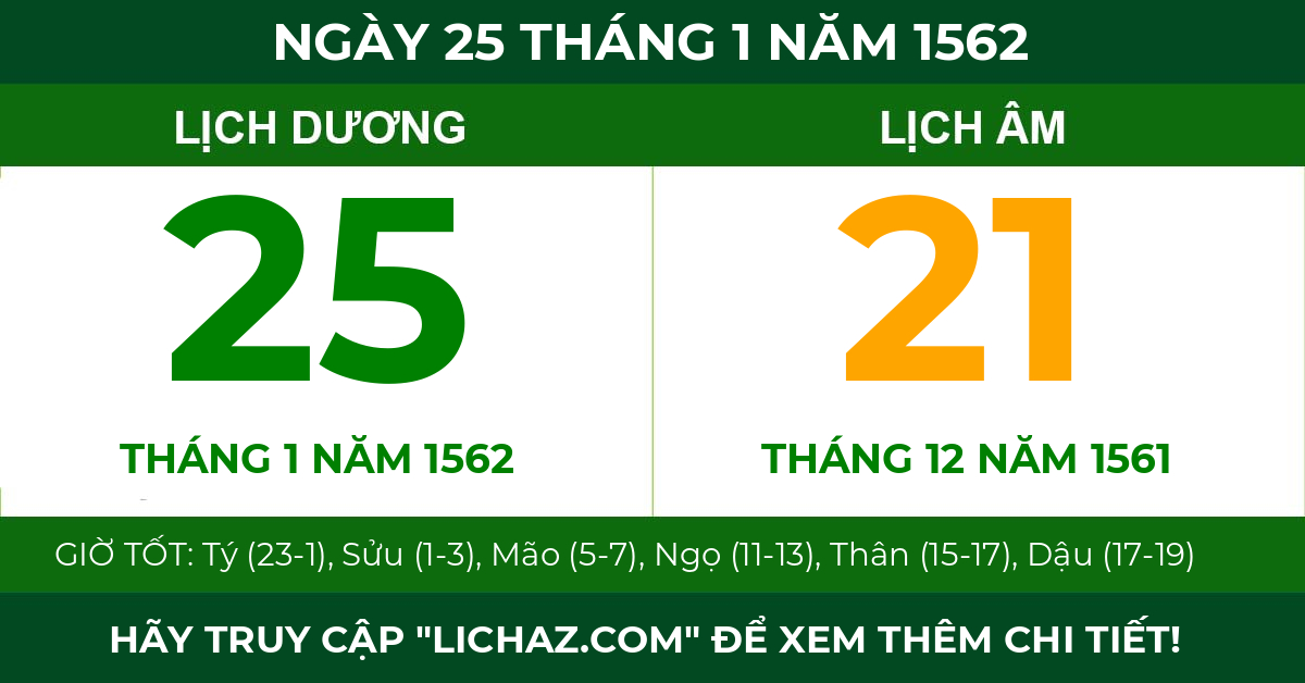 lịch âm ngày 25 tháng 1 năm 1562