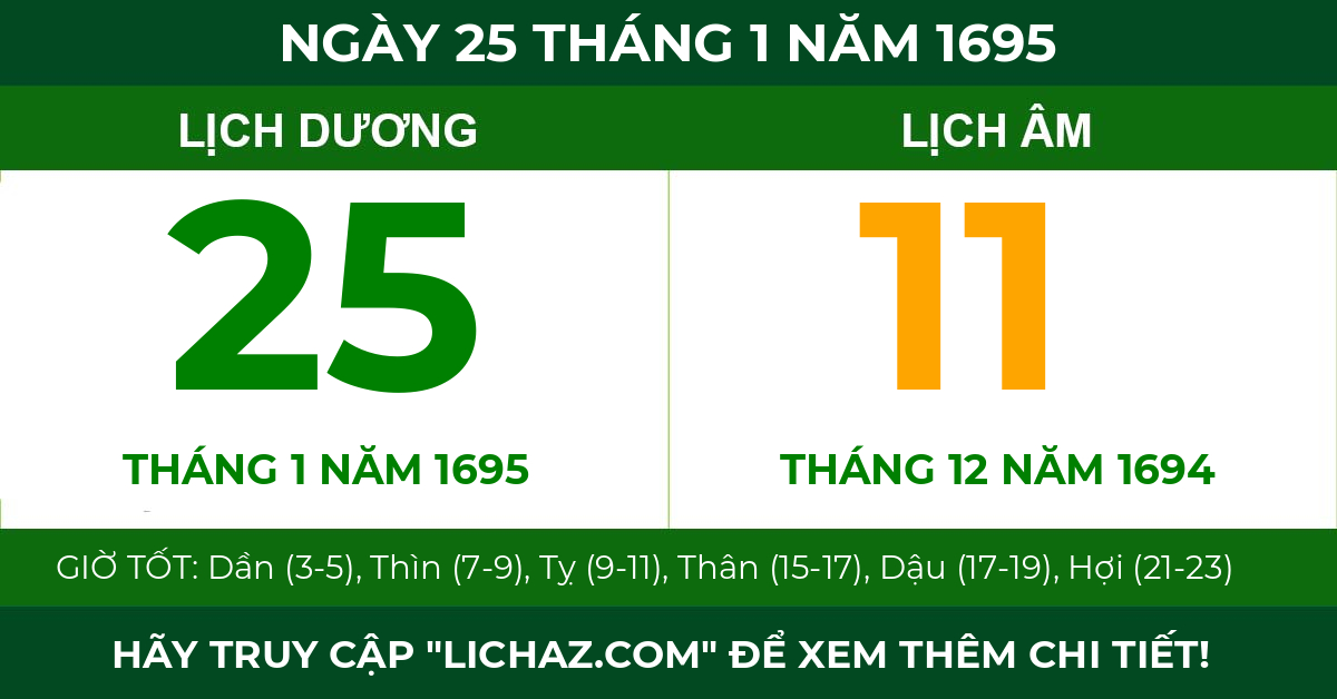 lịch âm ngày 25 tháng 1 năm 1695