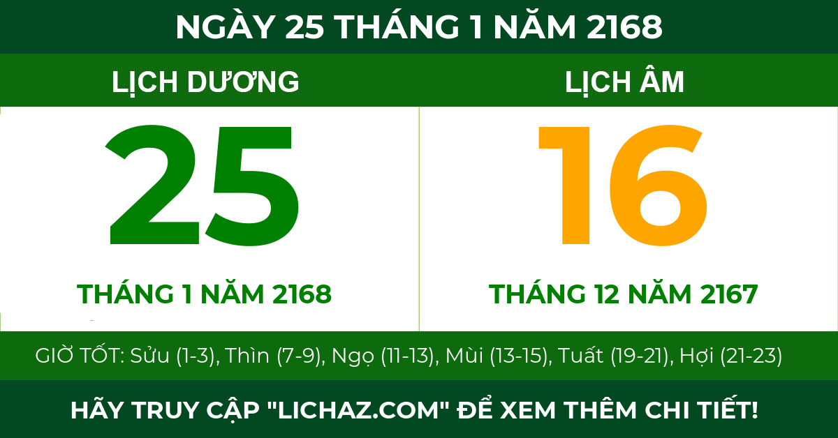 lịch âm ngày 25 tháng 1 năm 2168