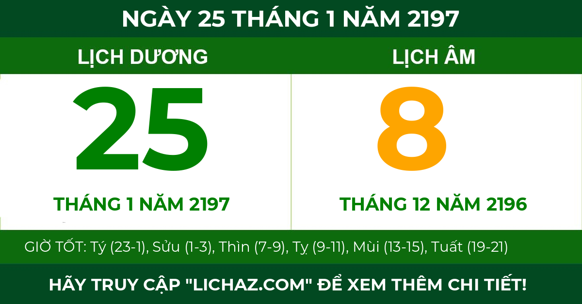 lịch âm ngày 25 tháng 1 năm 2197