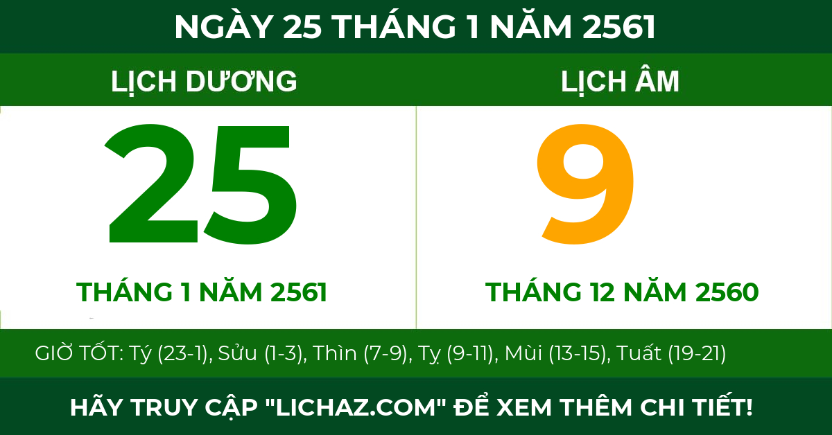 lịch âm ngày 25 tháng 1 năm 2561