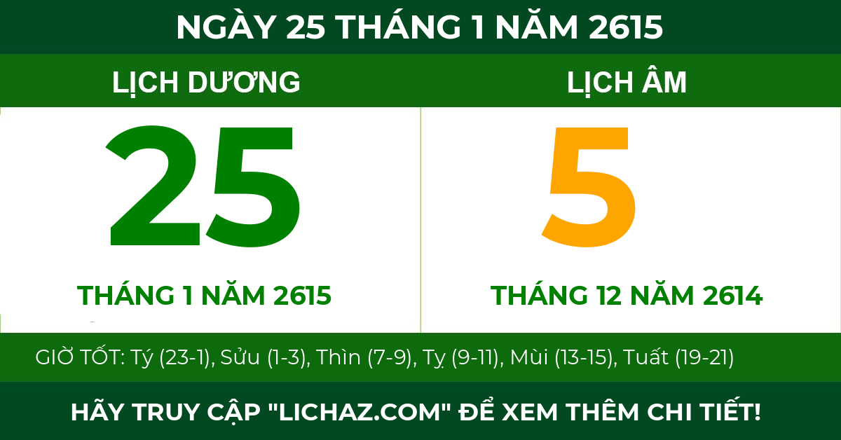 lịch âm ngày 25 tháng 1 năm 2615