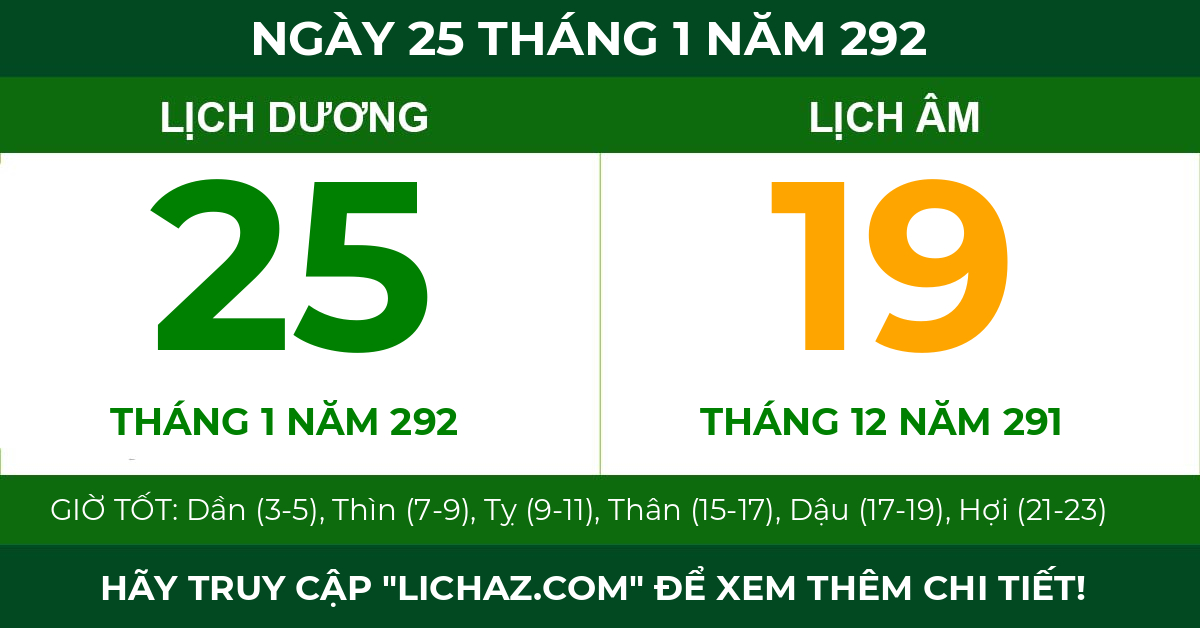 lịch âm ngày 25 tháng 1 năm 292