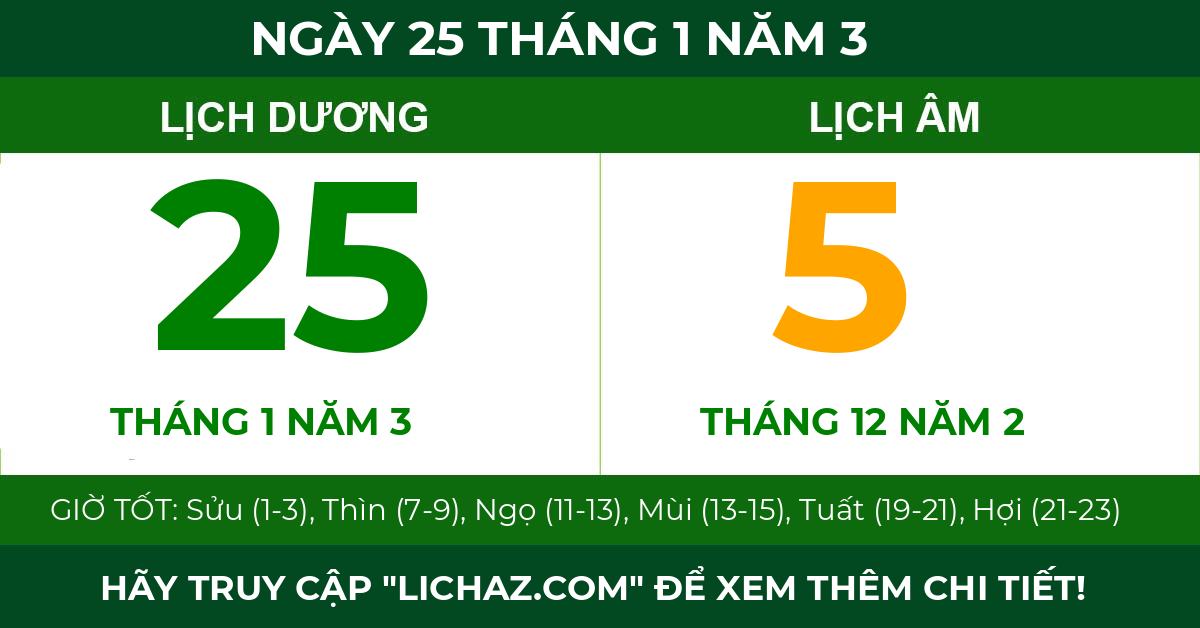 lịch âm ngày 25 tháng 1 năm 3