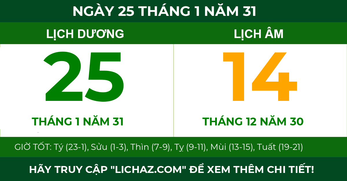lịch âm ngày 25 tháng 1 năm 31