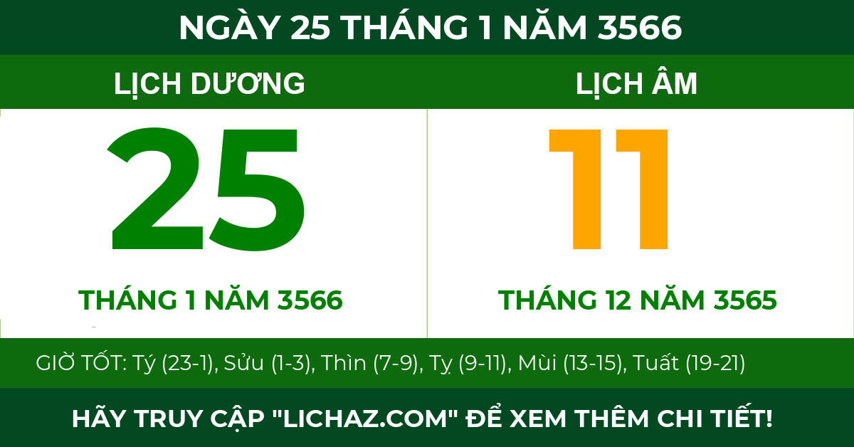 lịch âm ngày 25 tháng 1 năm 3566