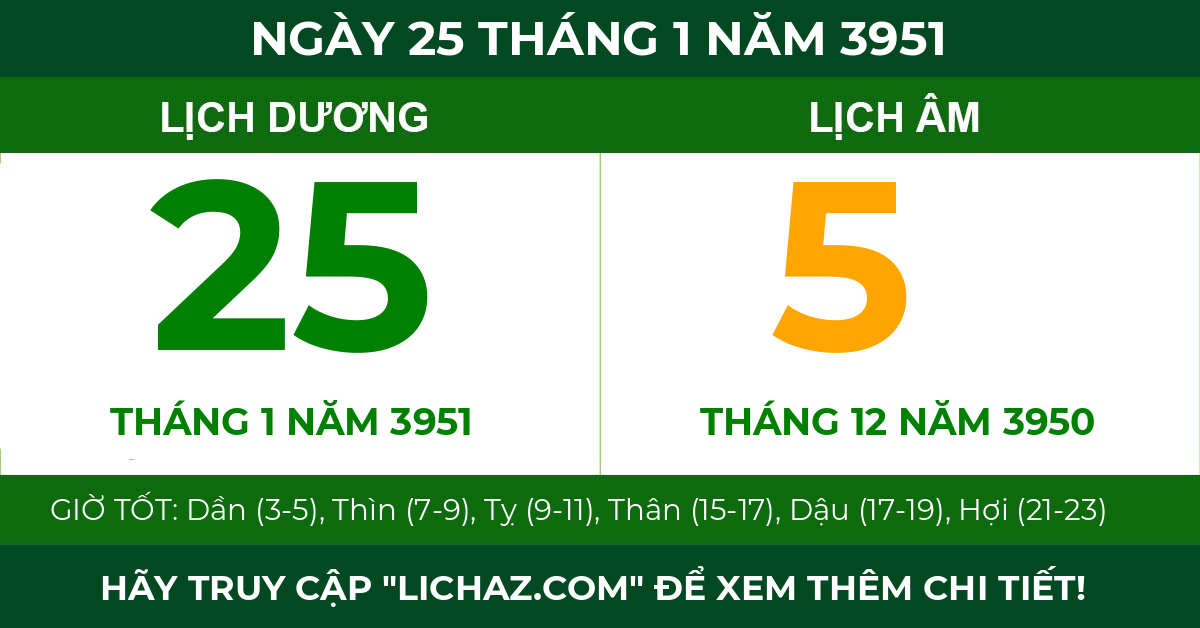 lịch âm ngày 25 tháng 1 năm 3951