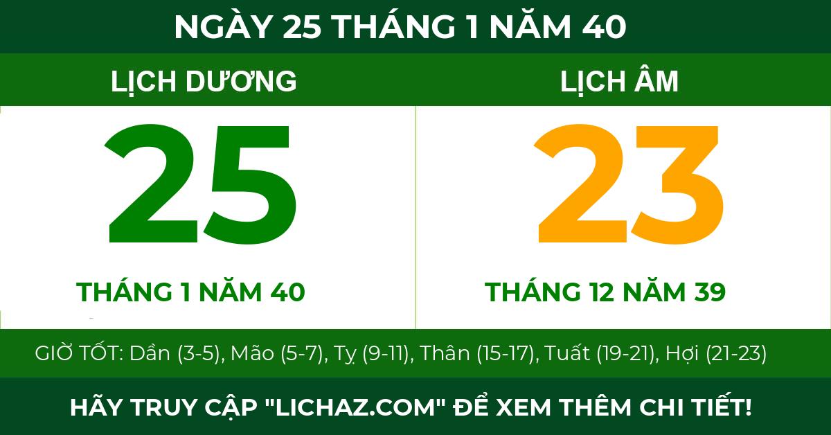 lịch âm ngày 25 tháng 1 năm 40