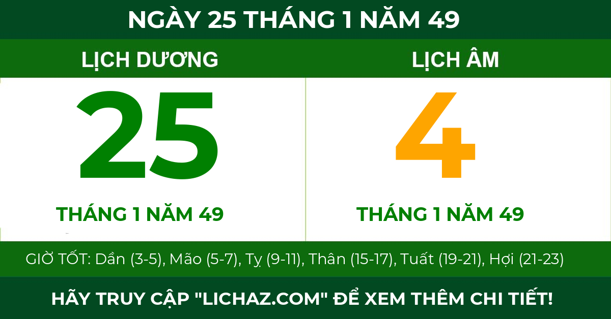 lịch âm ngày 25 tháng 1 năm 49