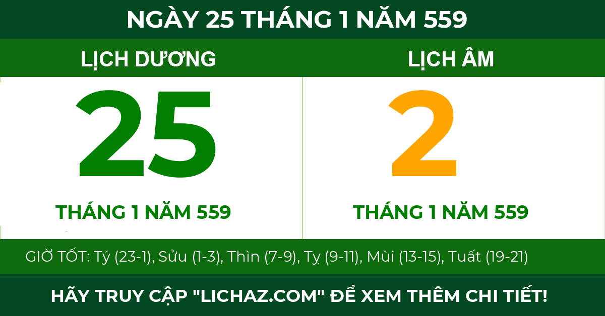 lịch âm ngày 25 tháng 1 năm 559