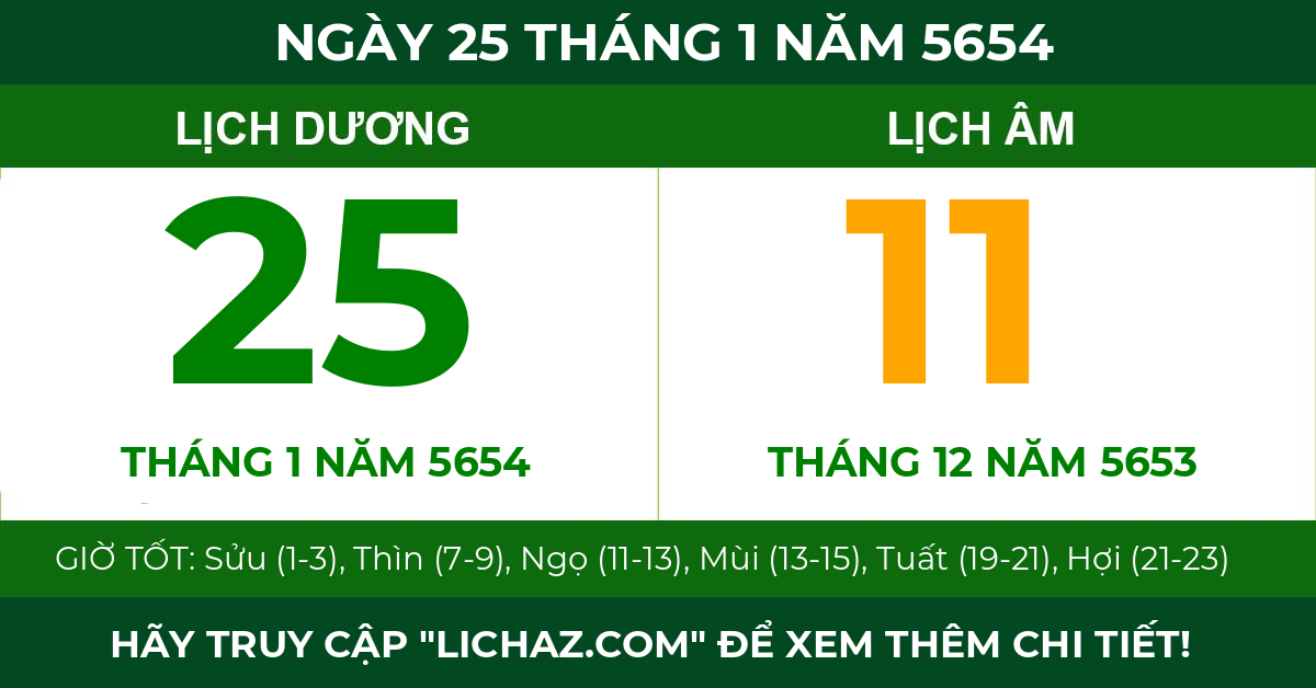 lịch âm ngày 25 tháng 1 năm 5654