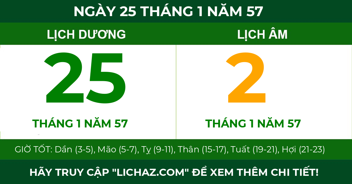 lịch âm ngày 25 tháng 1 năm 57