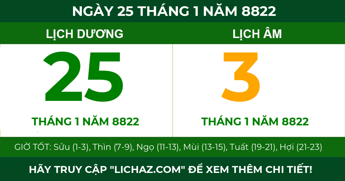 lịch âm ngày 25 tháng 1 năm 8822