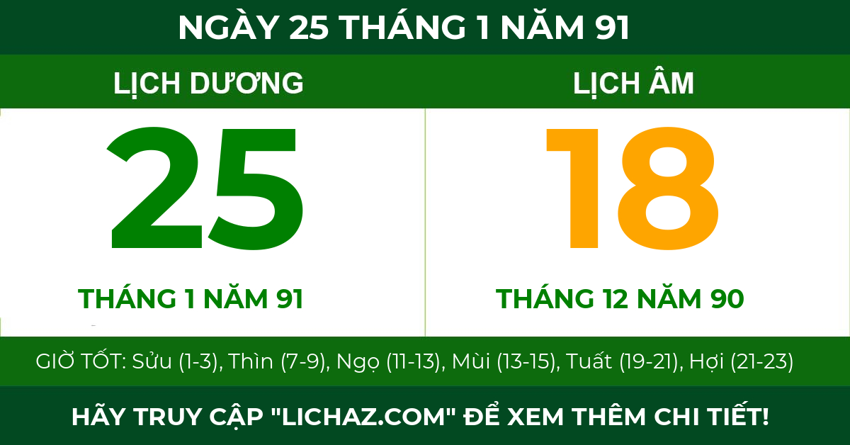 lịch âm ngày 25 tháng 1 năm 91