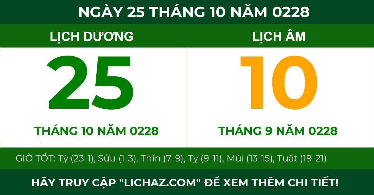 lịch âm ngày 25 tháng 10 năm 0228