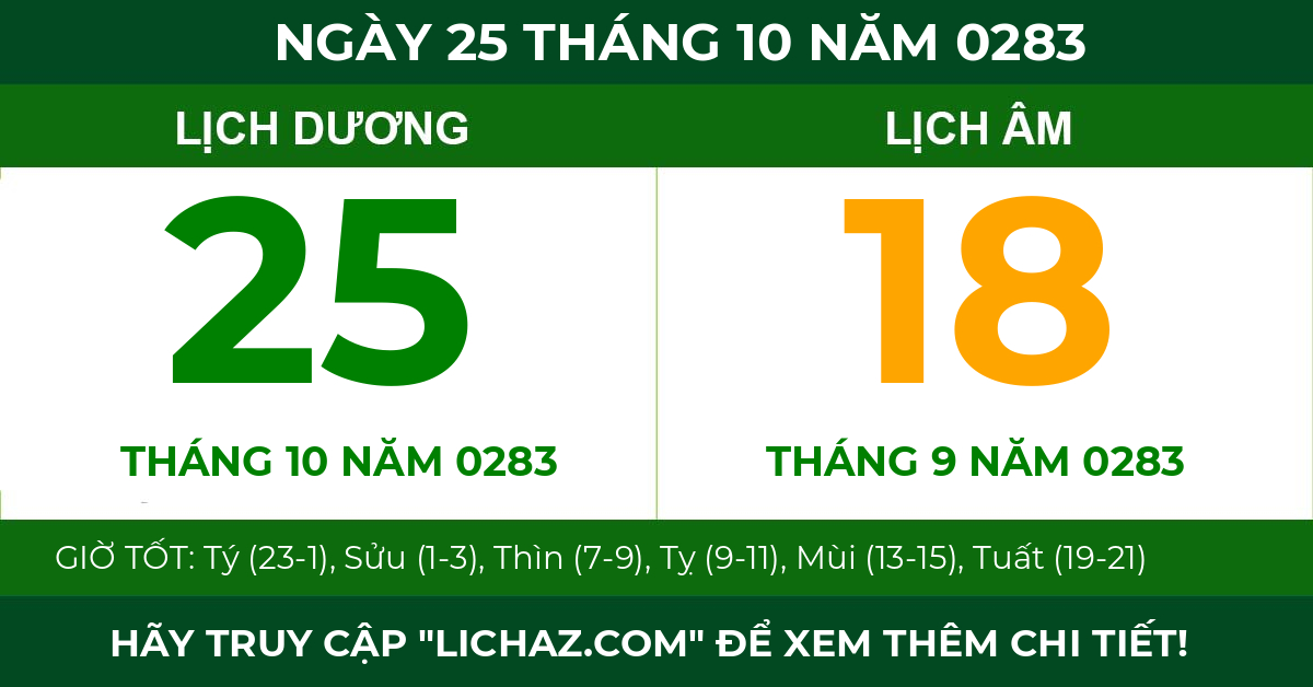 lịch âm ngày 25 tháng 10 năm 0283