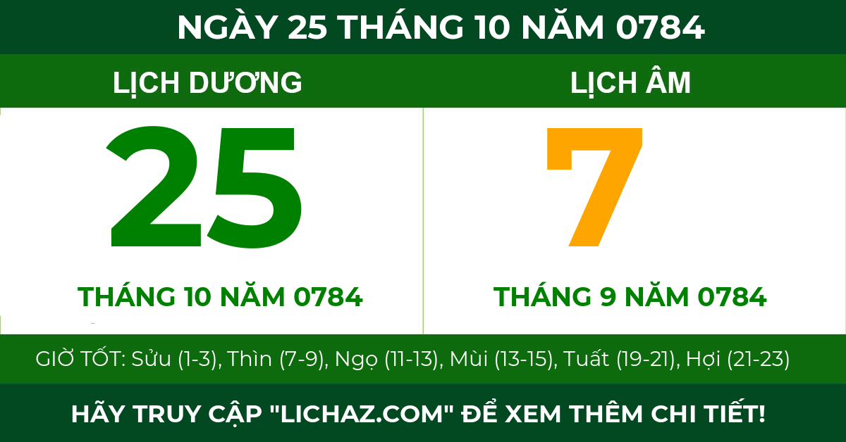 lịch âm ngày 25 tháng 10 năm 0784