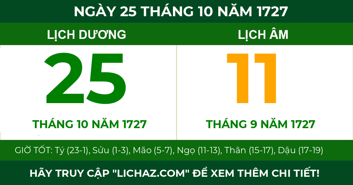 lịch âm ngày 25 tháng 10 năm 1727