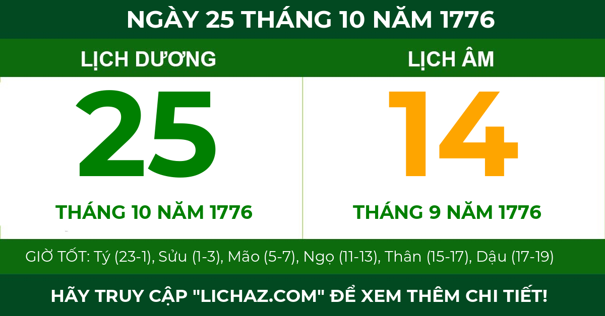lịch âm ngày 25 tháng 10 năm 1776