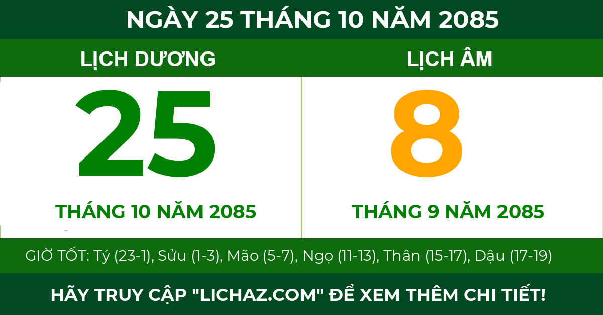 lịch âm ngày 25 tháng 10 năm 2085