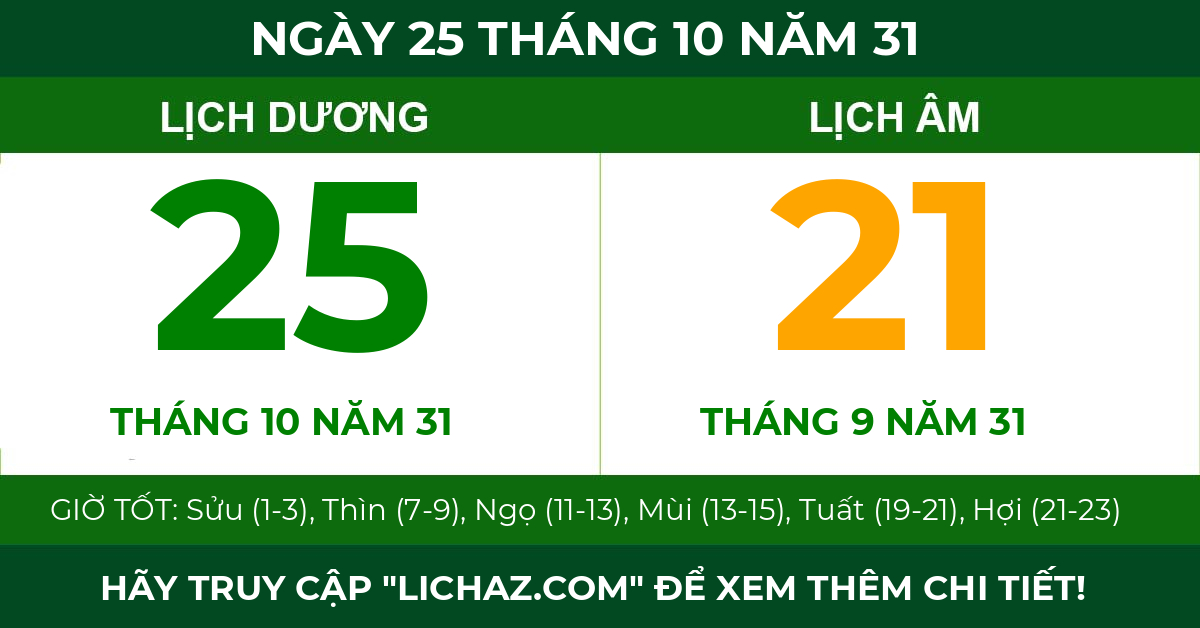 lịch âm ngày 25 tháng 10 năm 31