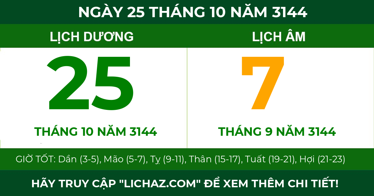 lịch âm ngày 25 tháng 10 năm 3144