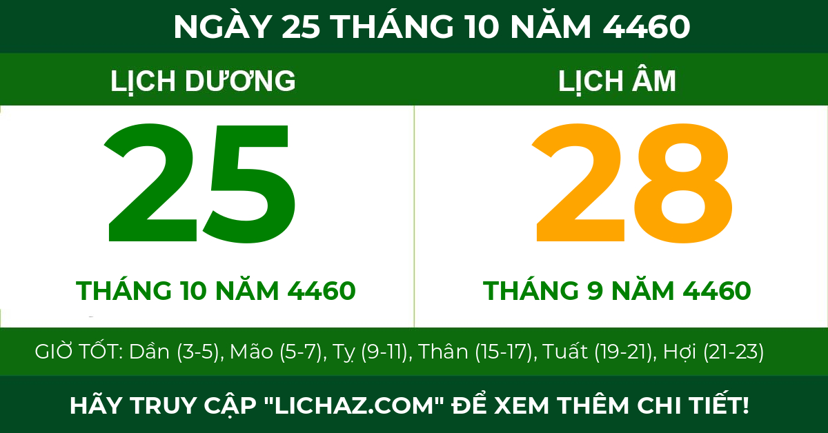 lịch âm ngày 25 tháng 10 năm 4460