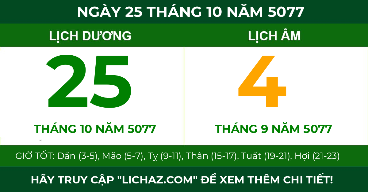 lịch âm ngày 25 tháng 10 năm 5077