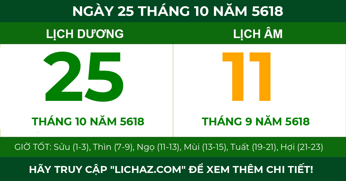 lịch âm ngày 25 tháng 10 năm 5618