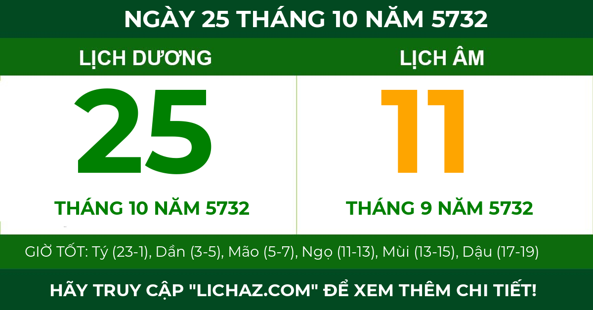 lịch âm ngày 25 tháng 10 năm 5732
