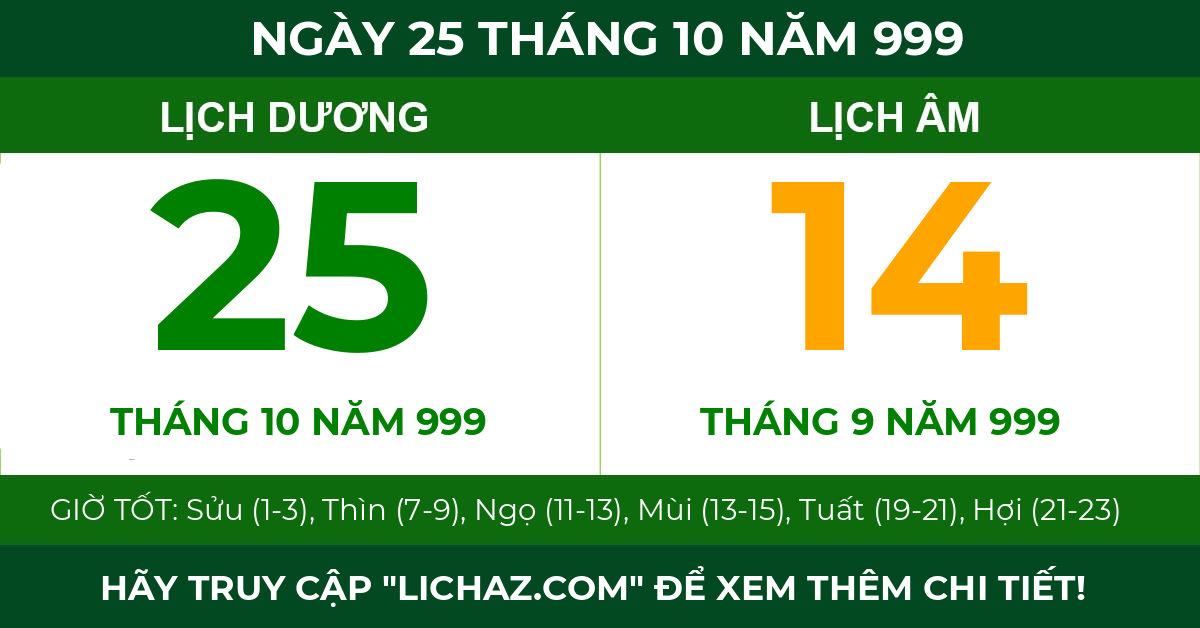 lịch âm ngày 25 tháng 10 năm 999