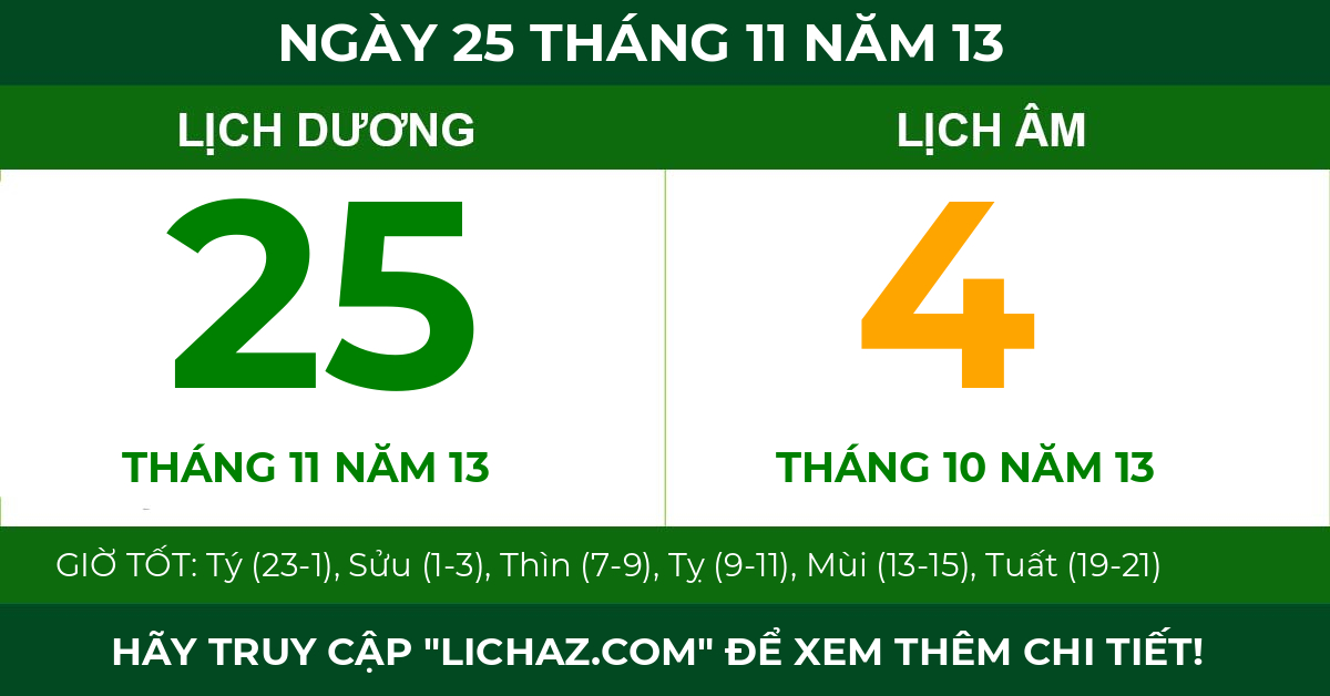 lịch âm ngày 25 tháng 11 năm 13